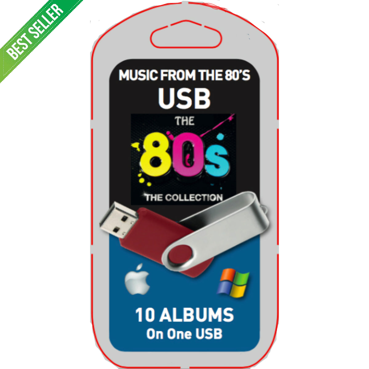 USB drive with 'Music from the 80s' collection packaging on a white background